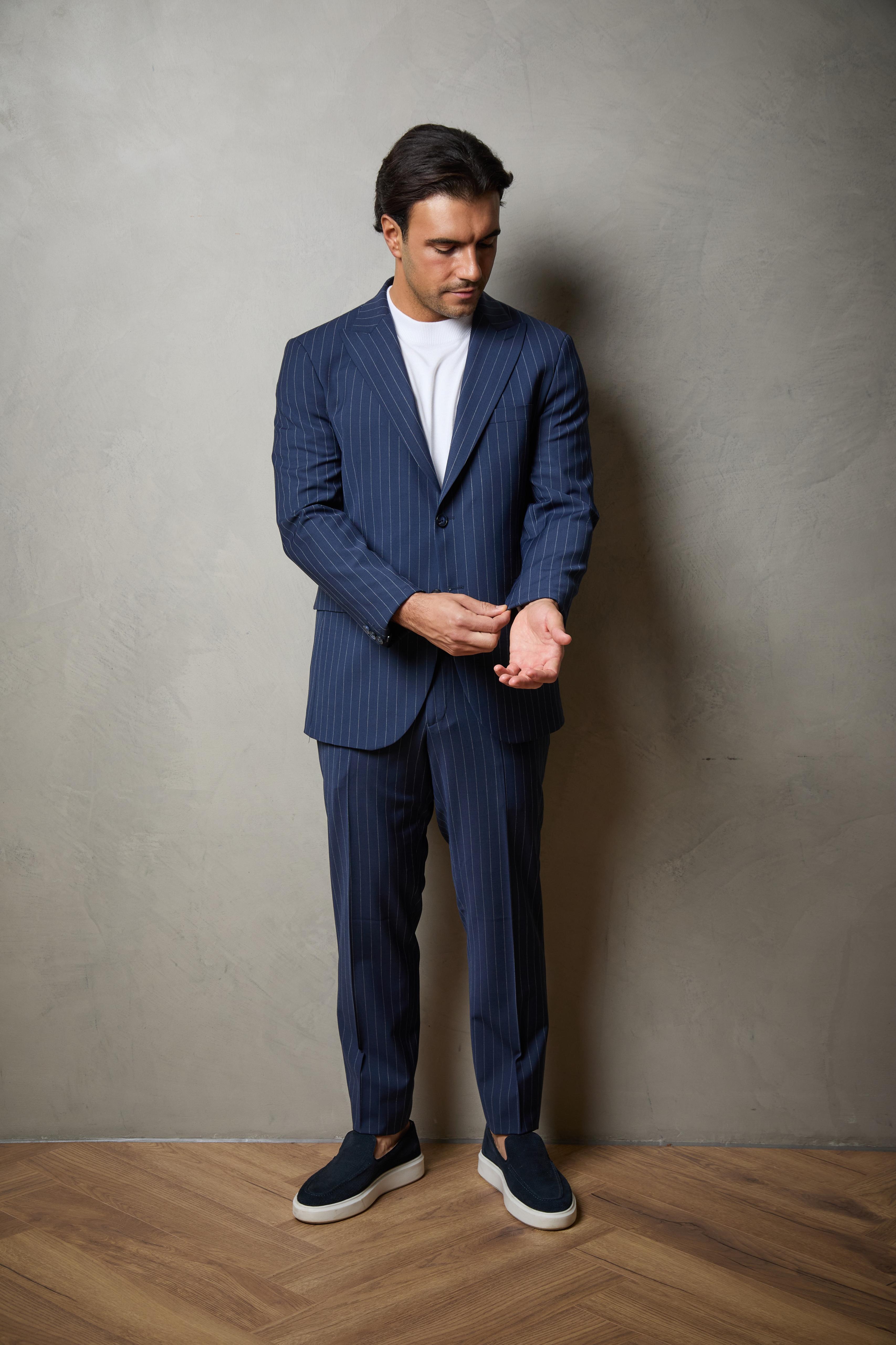 Navy/Royal Striped Tailored Two Piece Wool Suit