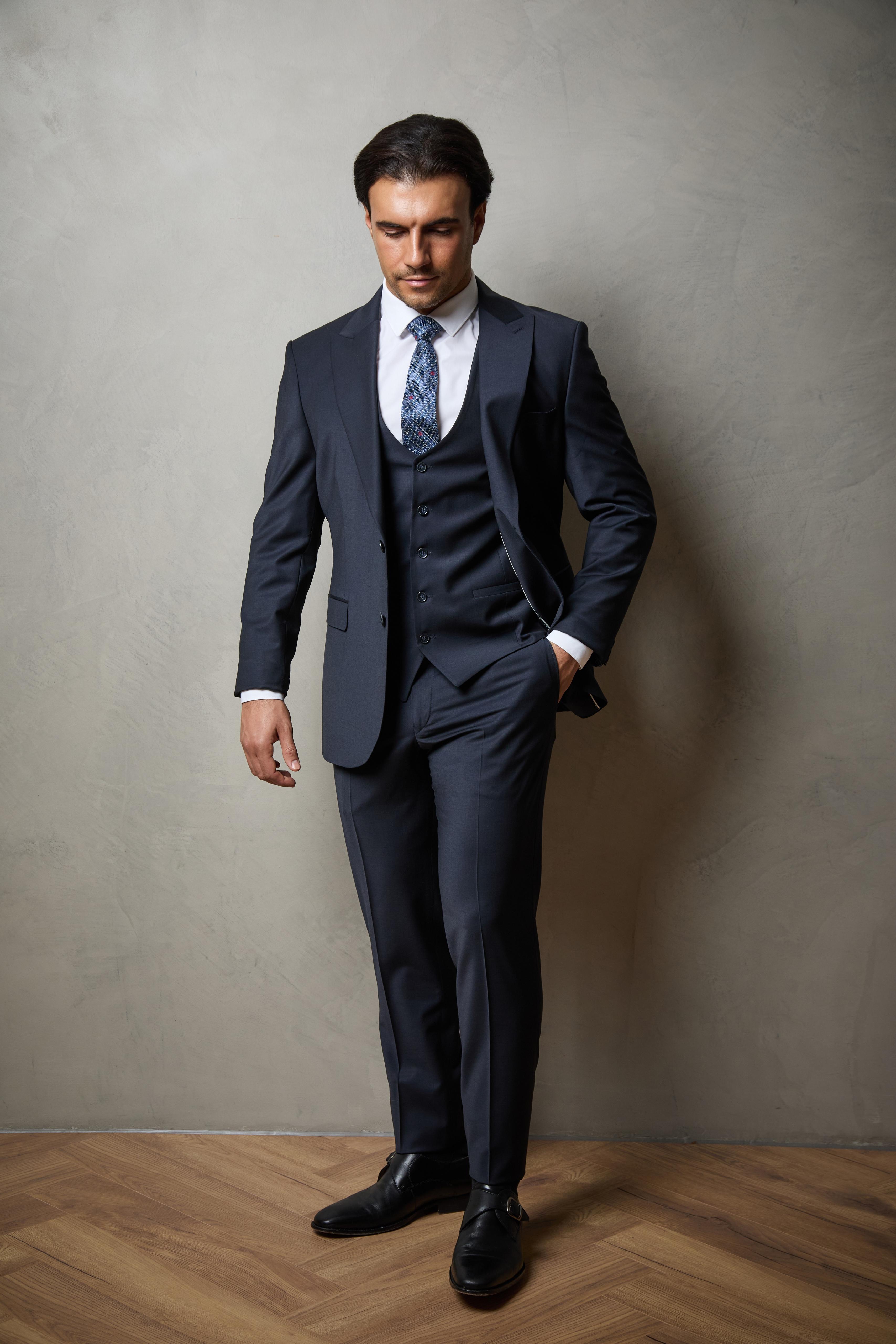 Navy Tailored Three Piece Wool Suit