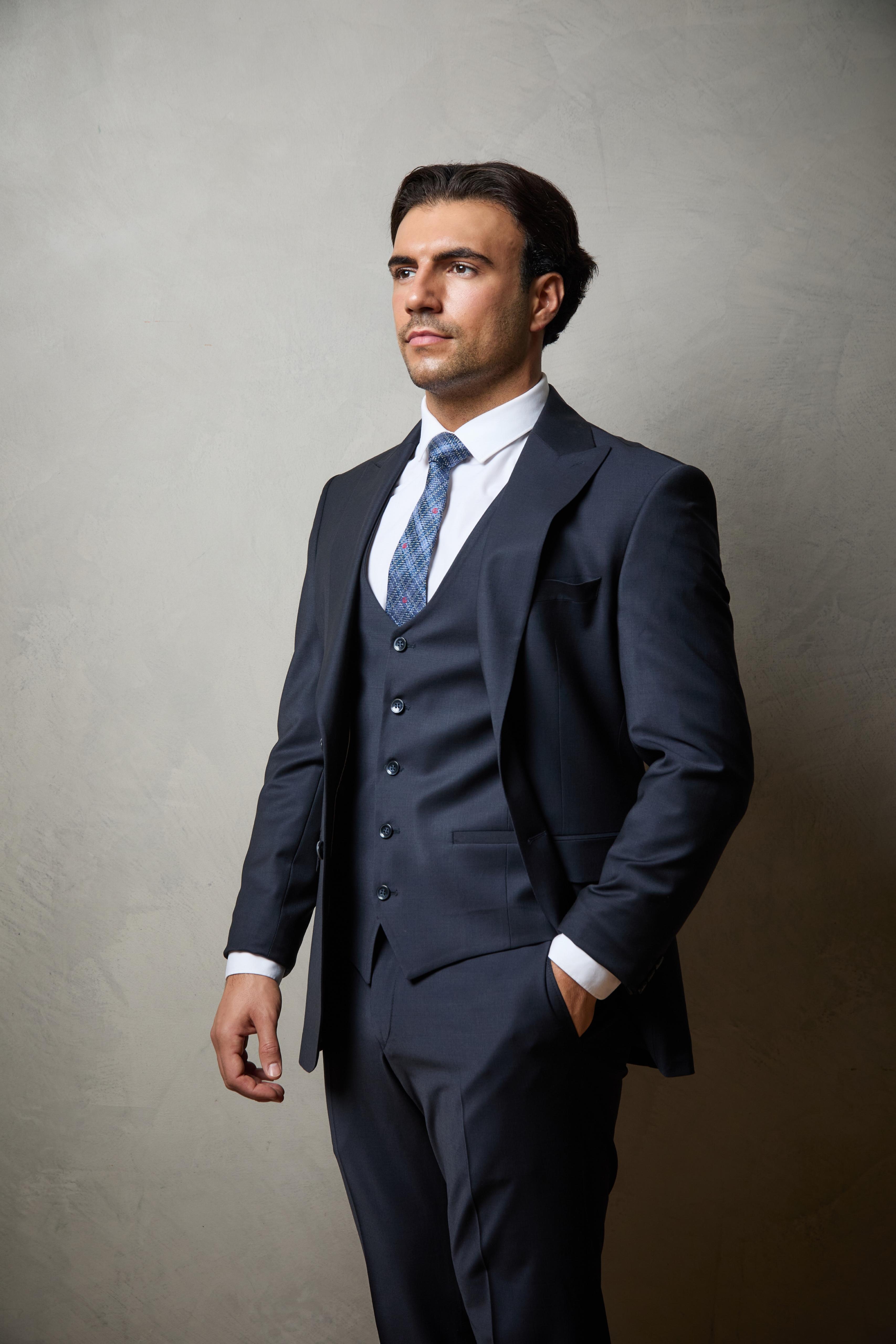 Navy Tailored Three Piece Wool Suit