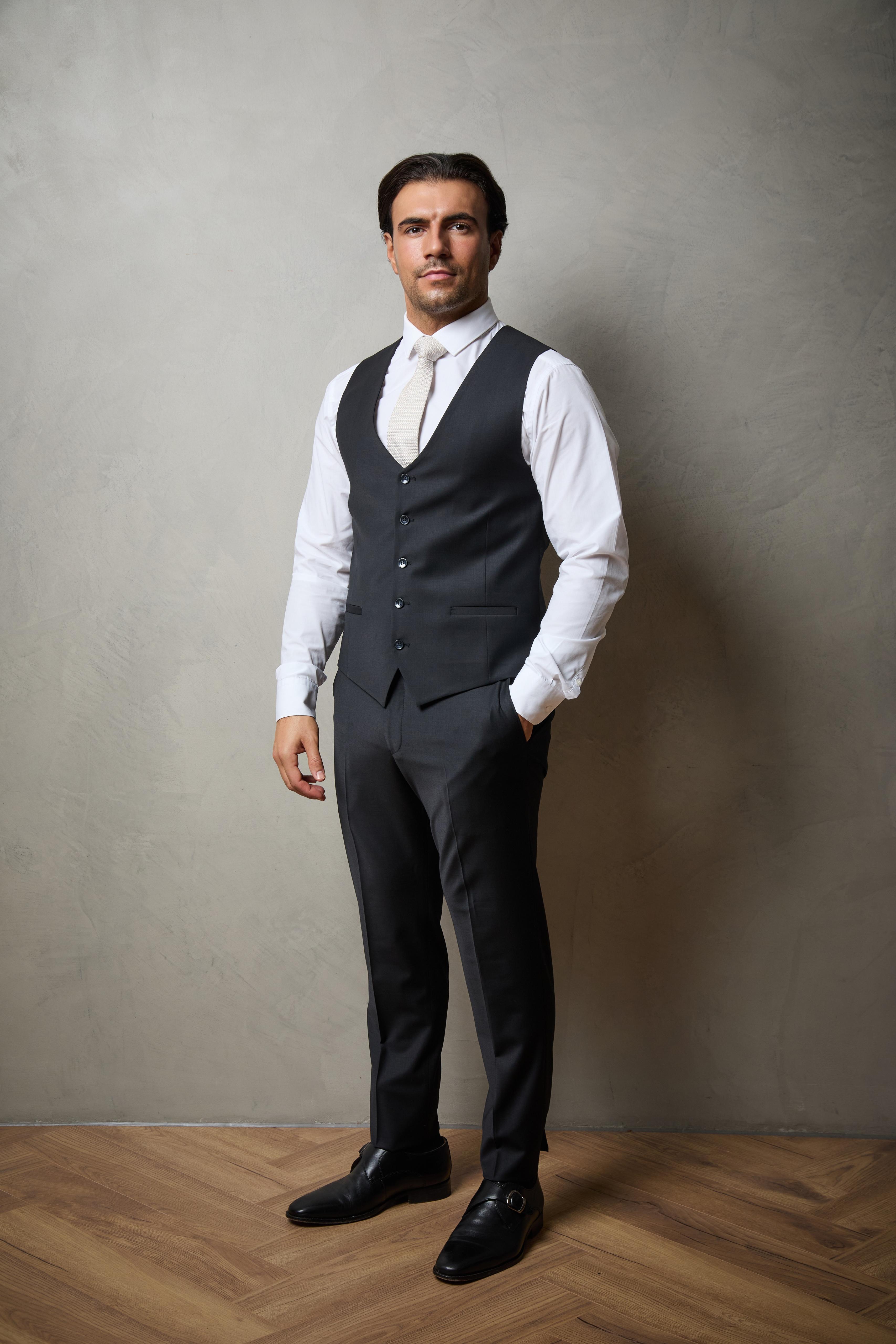 Black Tailored Three Piece Wool Suit