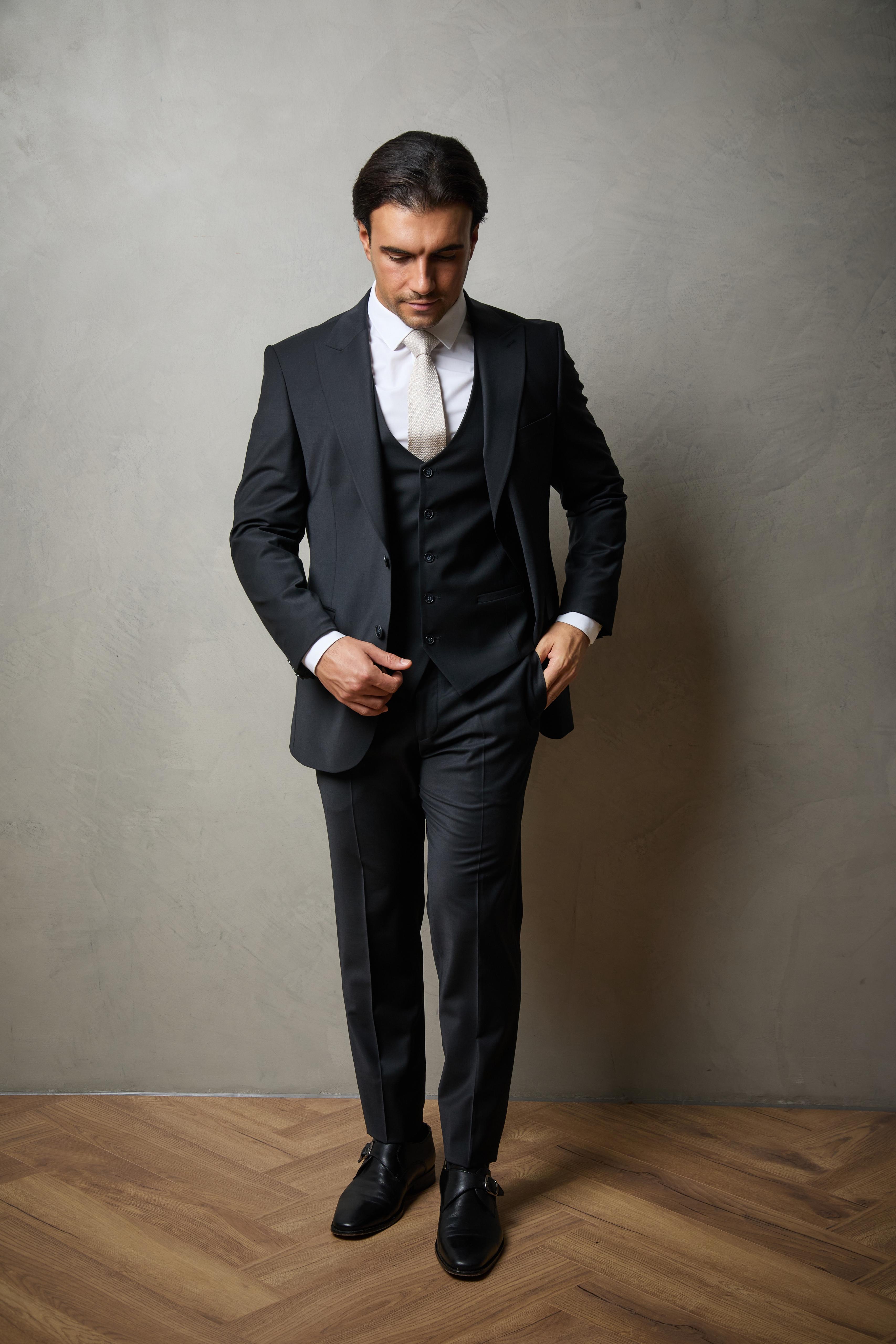 Black Tailored Three Piece Wool Suit