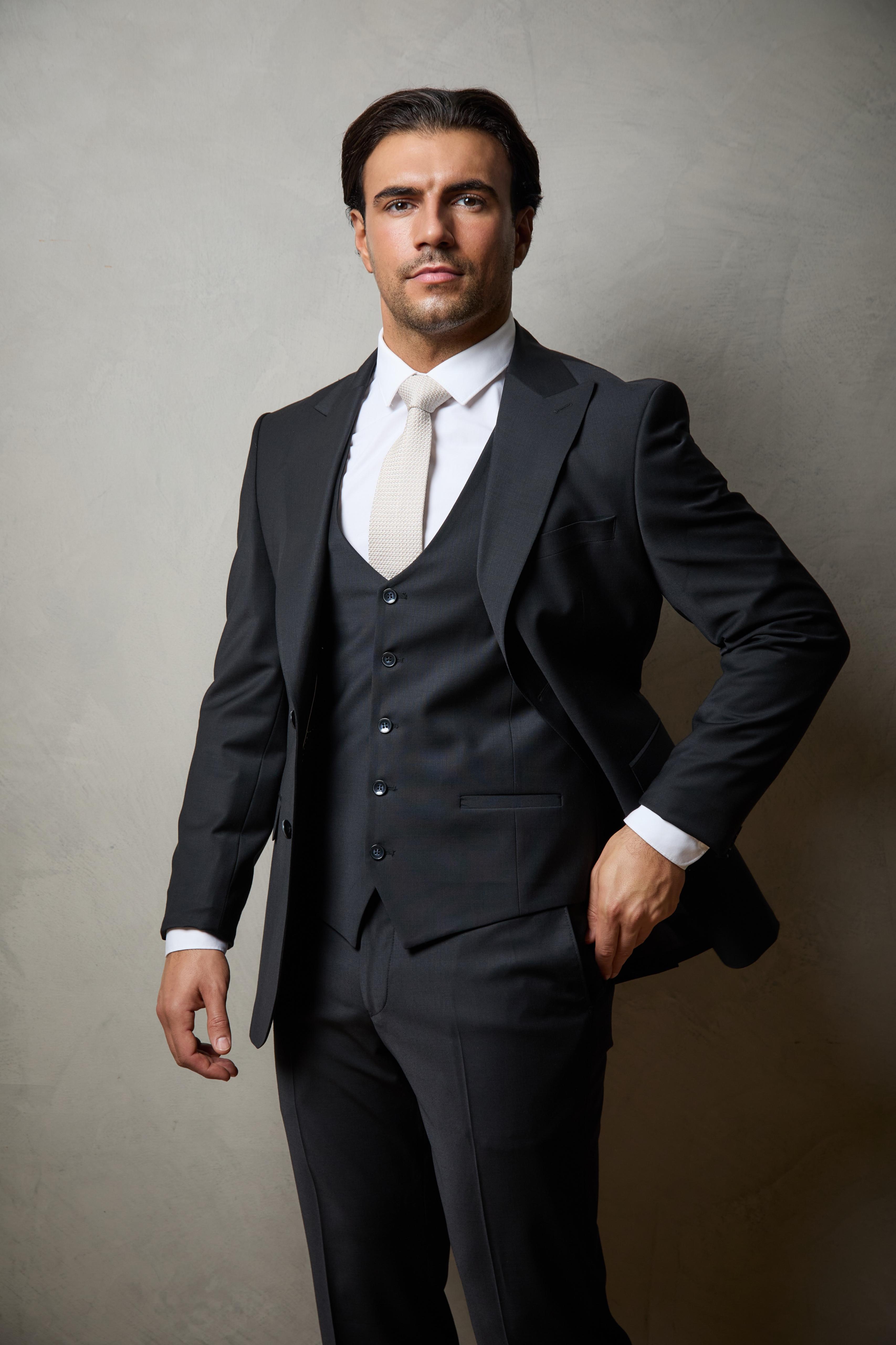 Black Tailored Three Piece Wool Suit