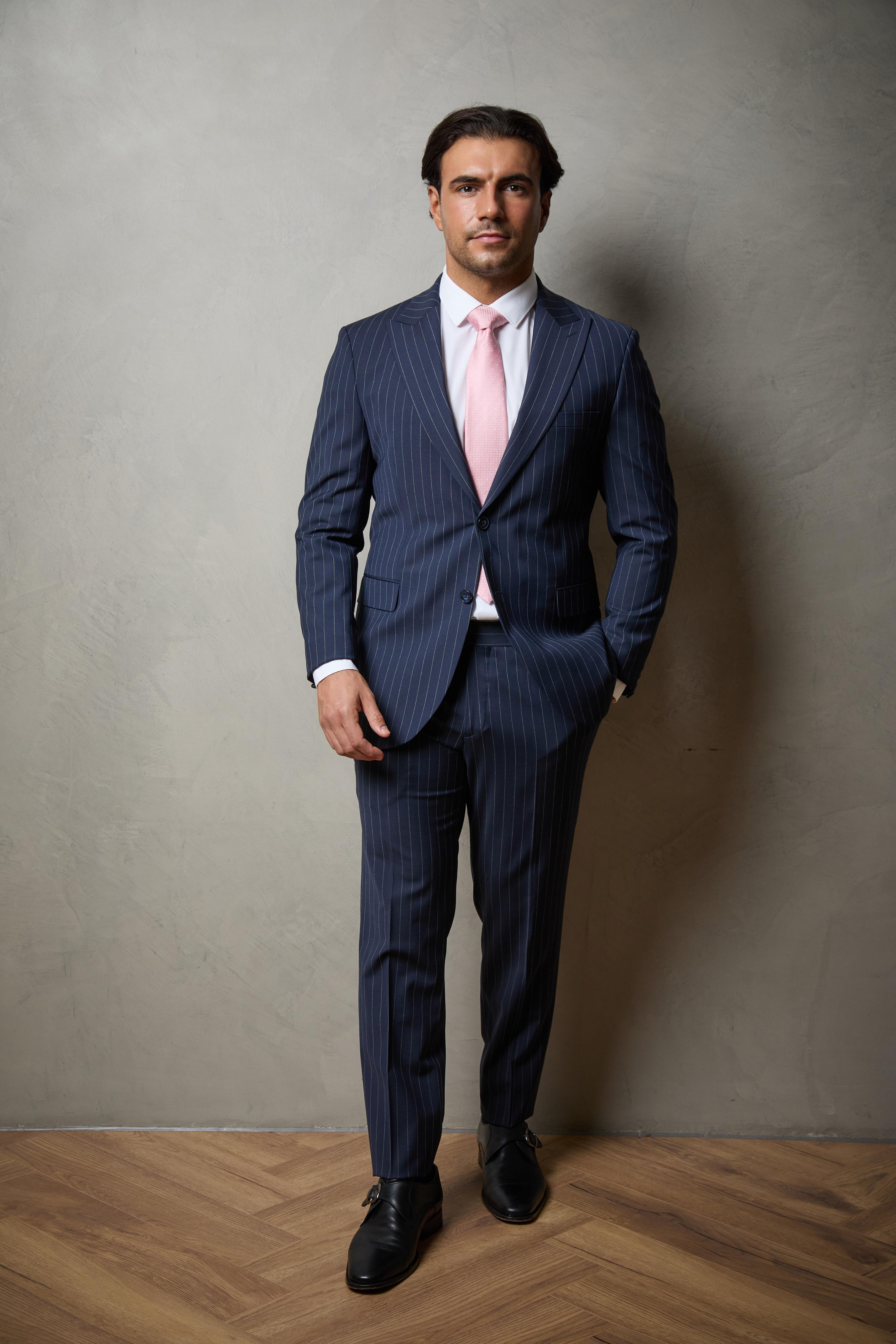 Navy Striped Tailored Two Piece Wool Suit