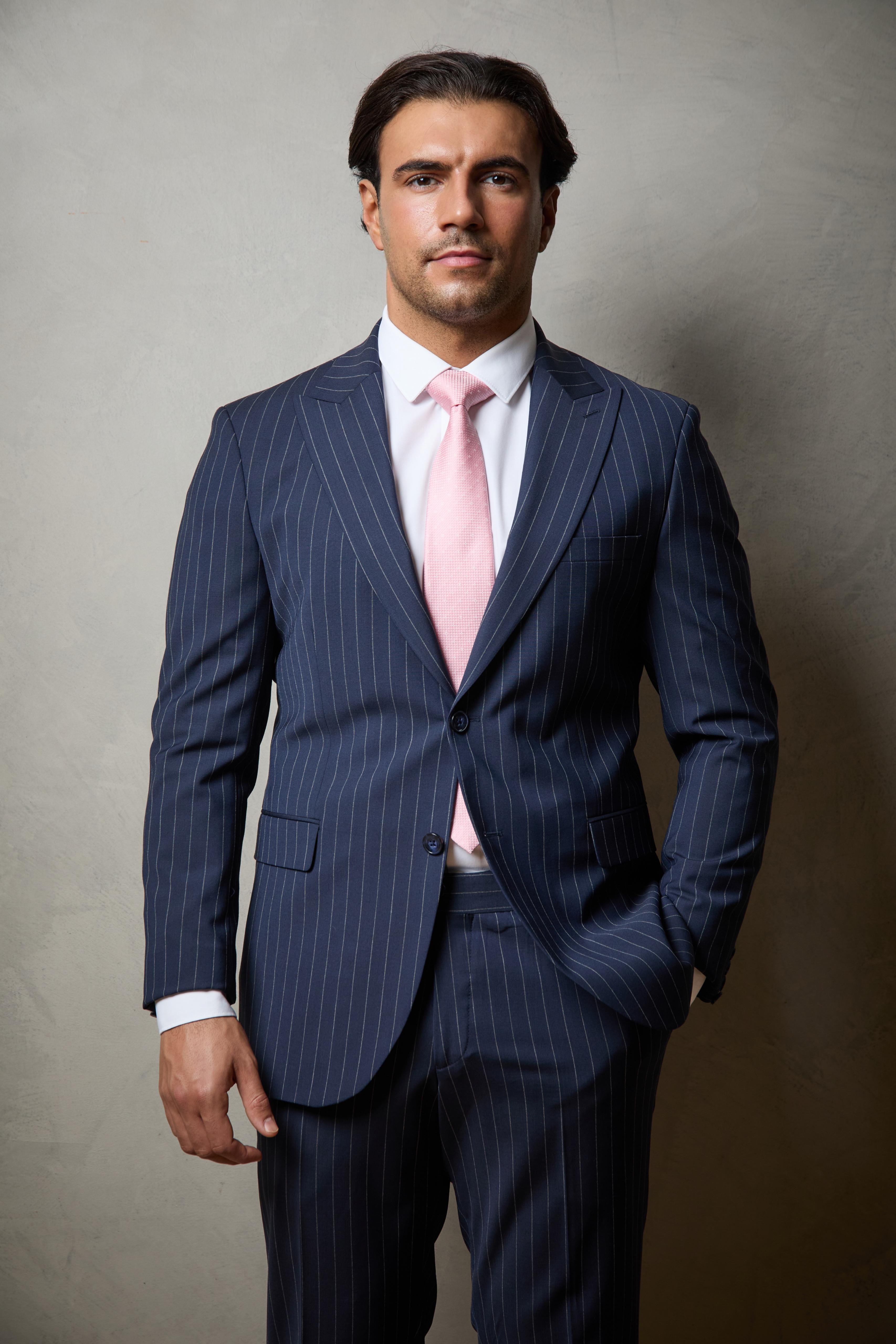 Navy Striped Tailored Two Piece Wool Suit