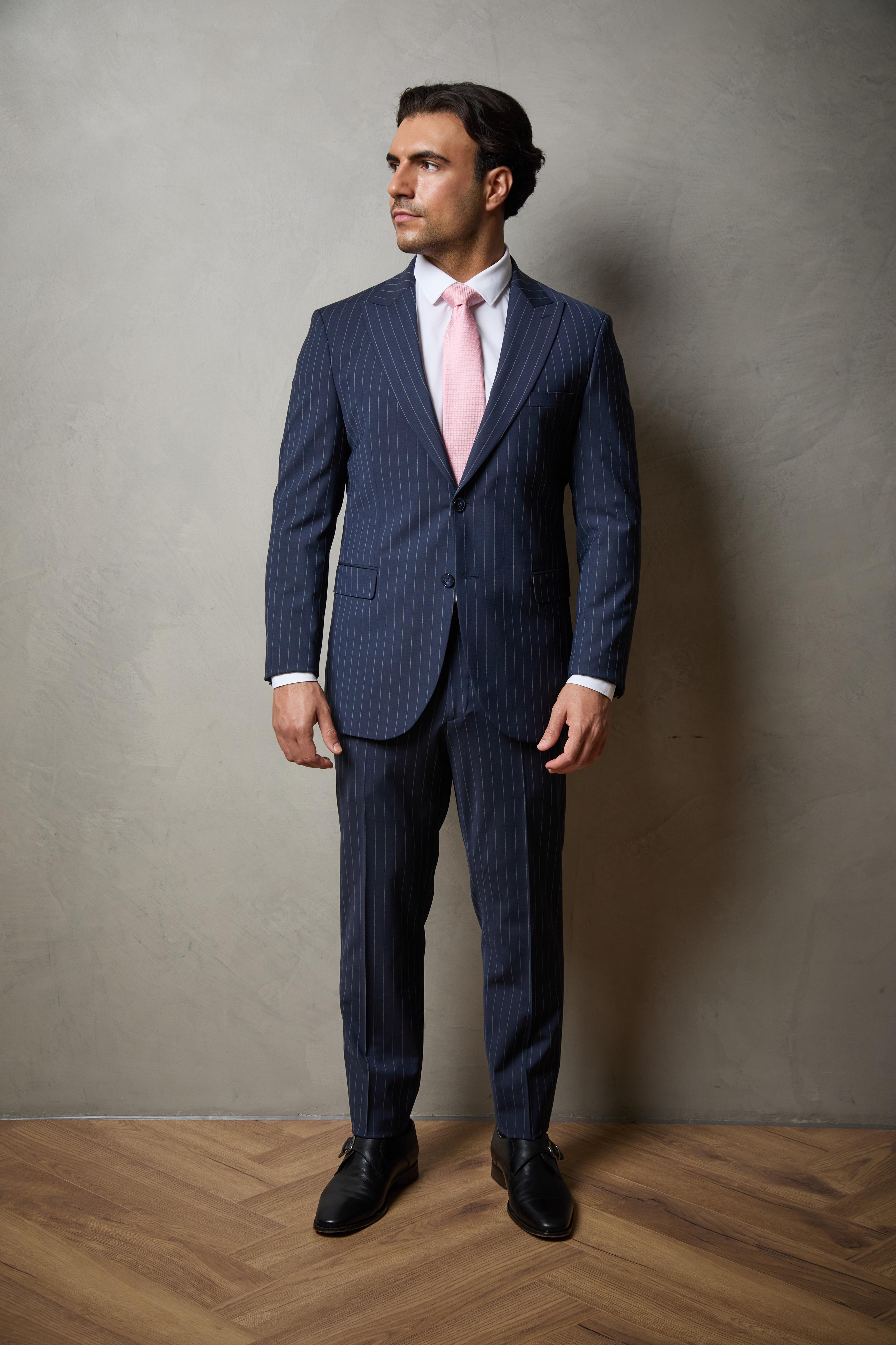 Navy Striped Tailored Two Piece Wool Suit