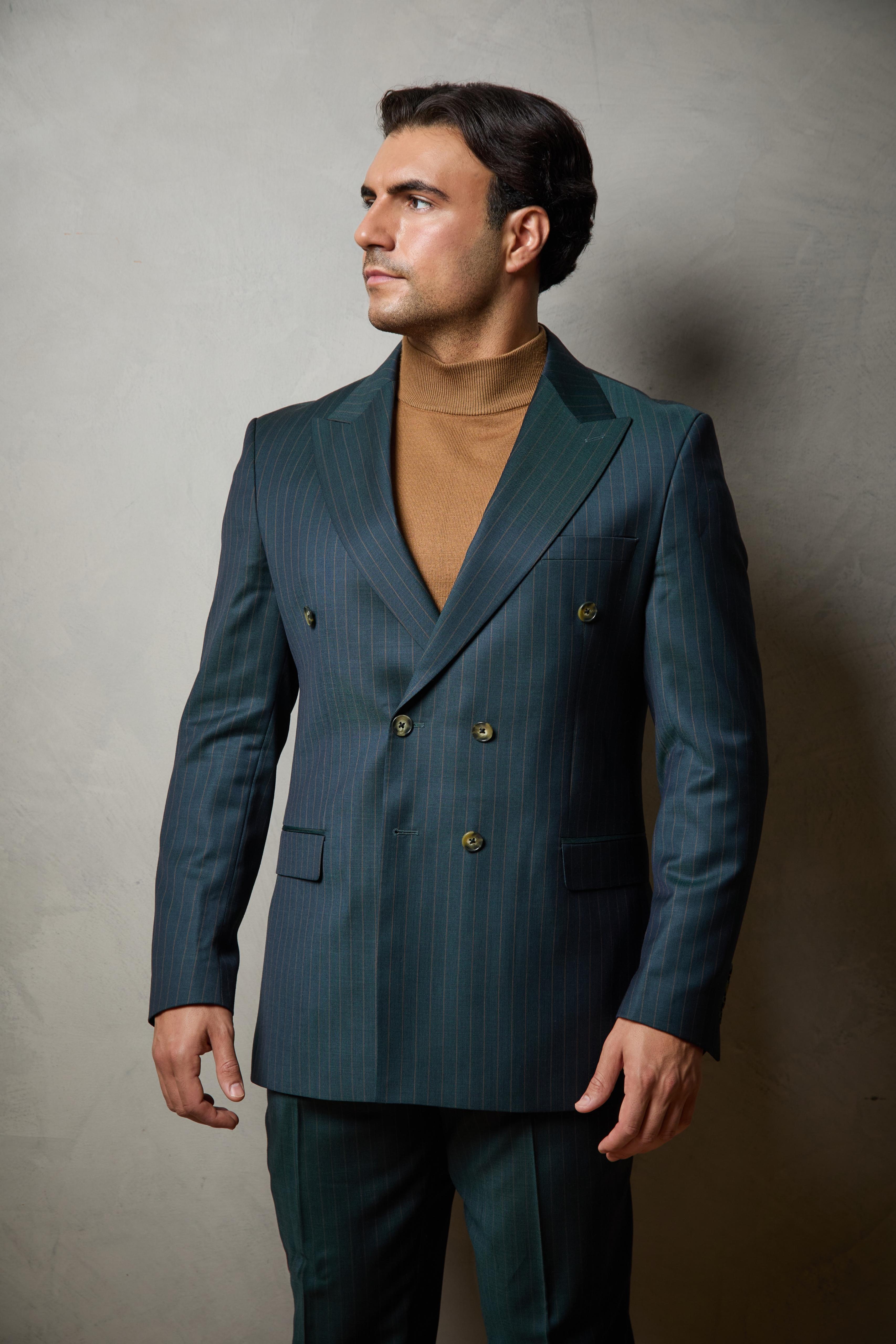 Dark Green Tailored Double Breasted Pinstripe Wool Suit