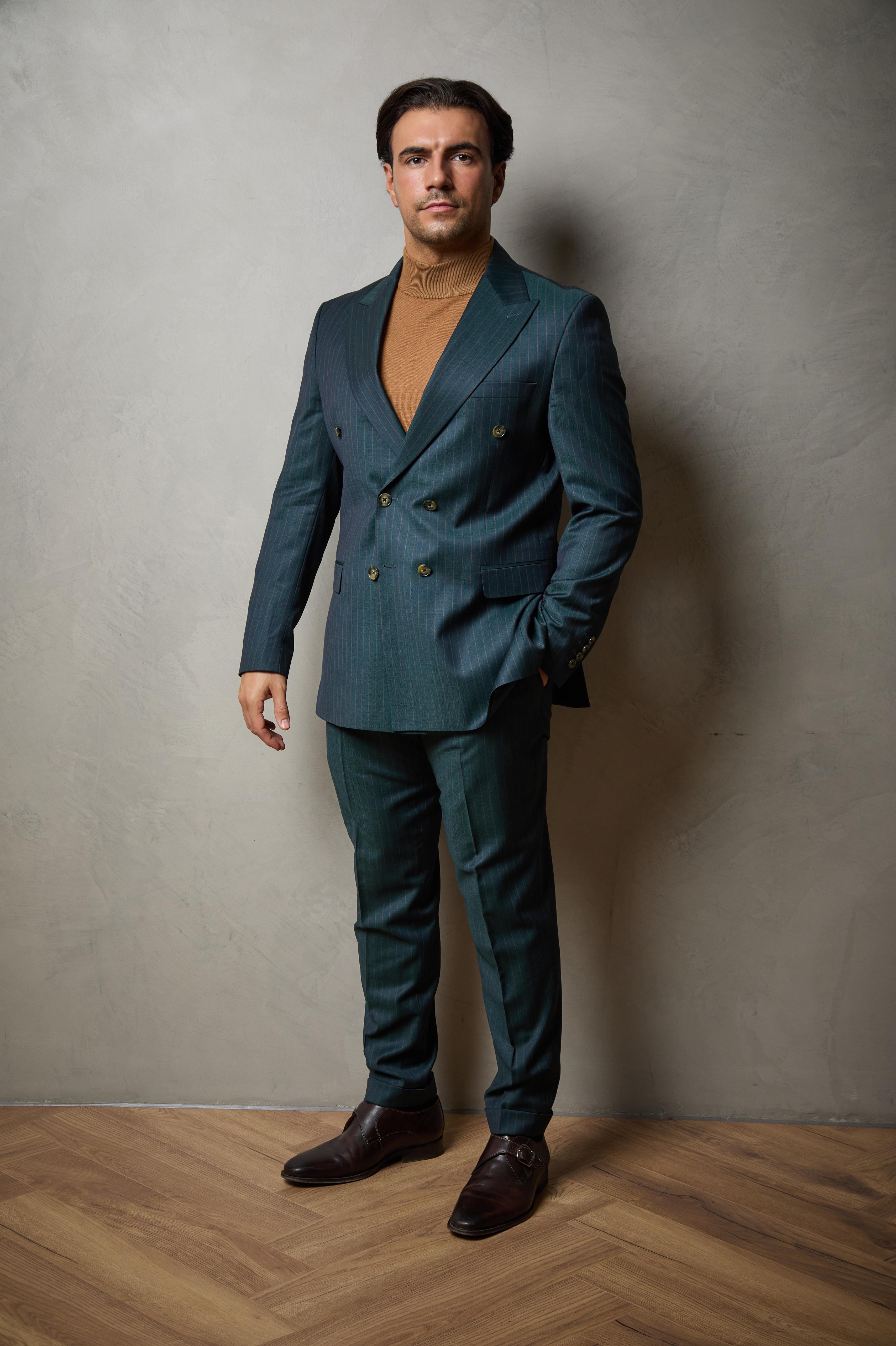 Dark Green Tailored Double Breasted Pinstripe Wool Suit