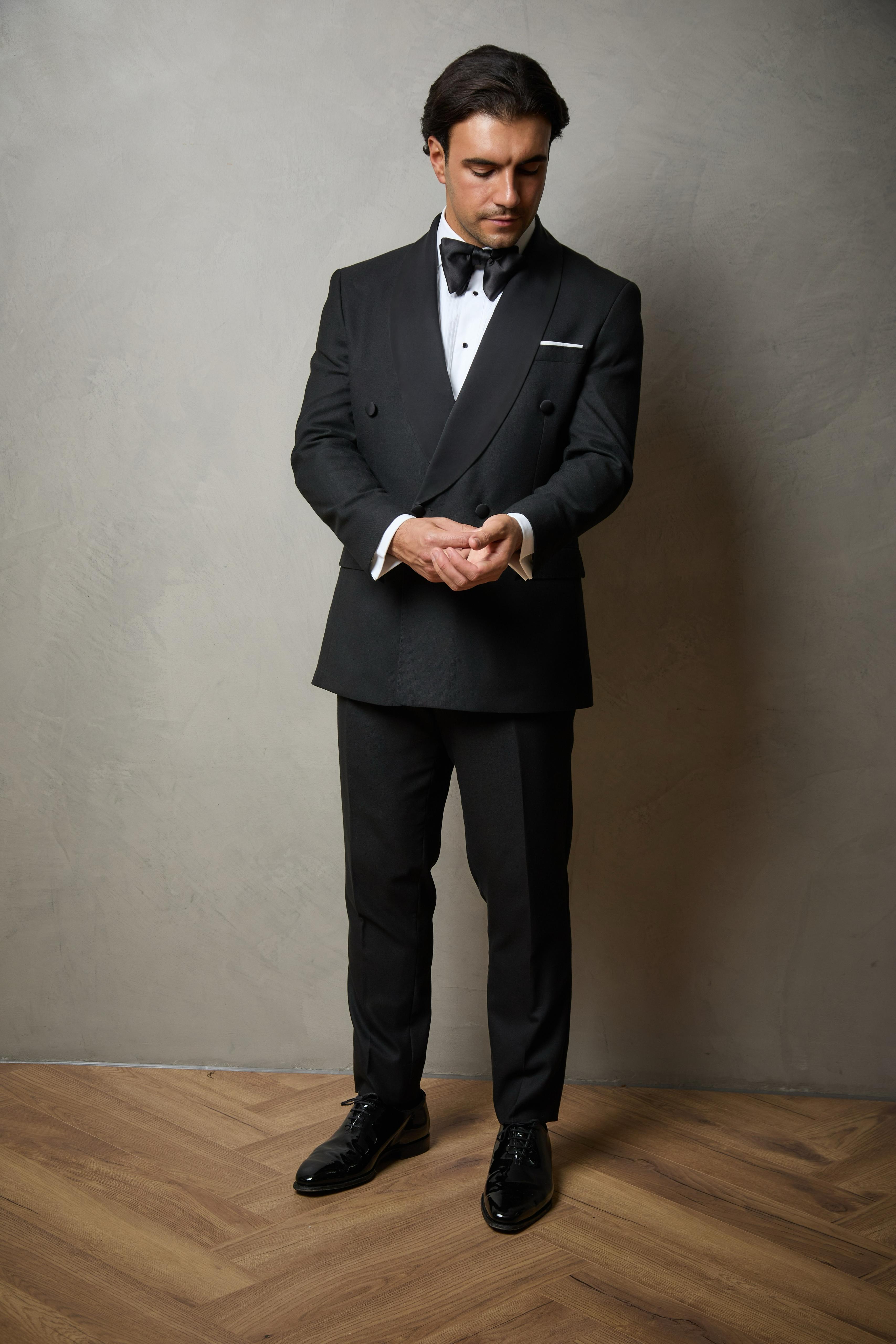 Black Tuxedo Tailored Double Breasted Wool Suit
