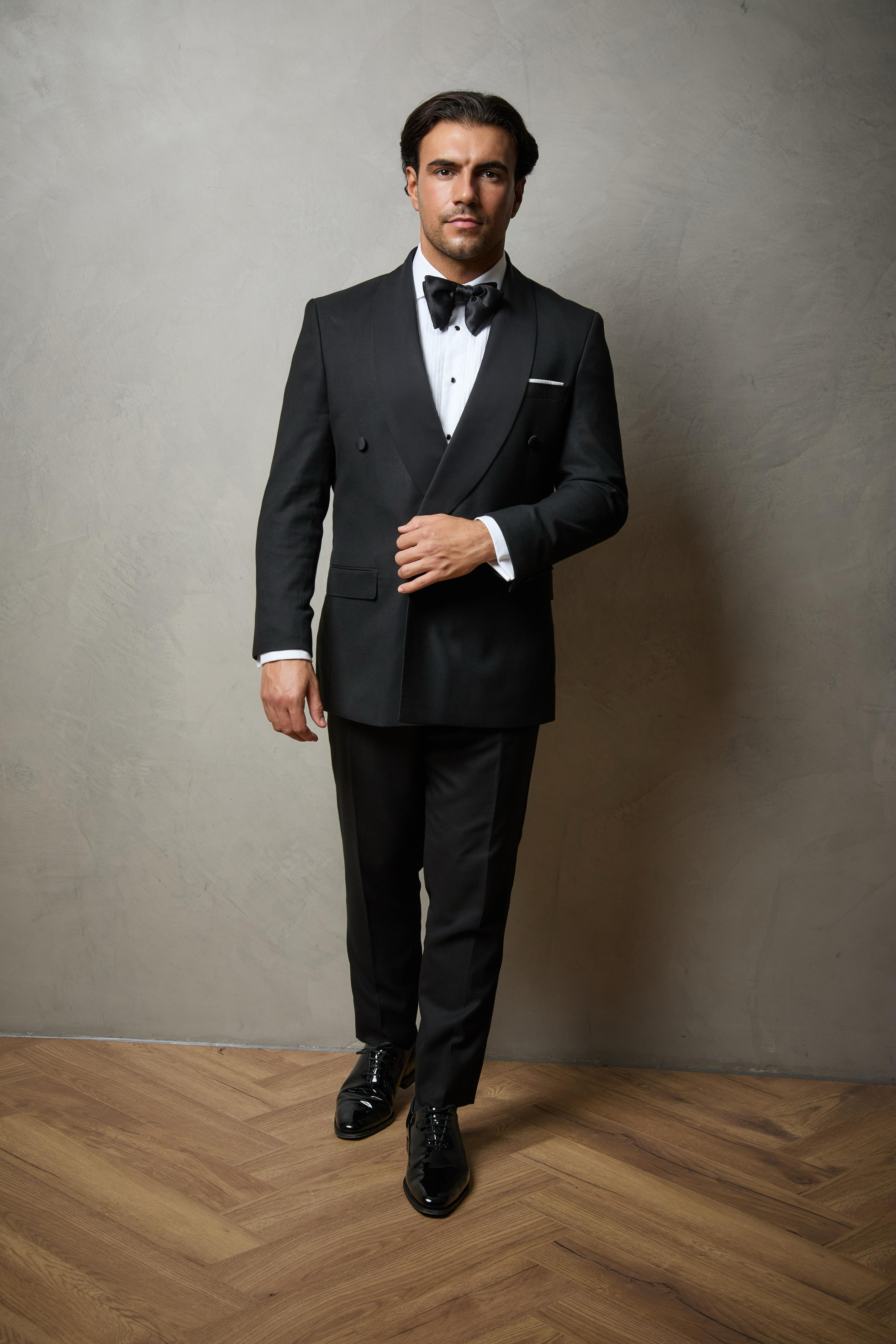 Black Tuxedo Tailored Double Breasted Wool Suit