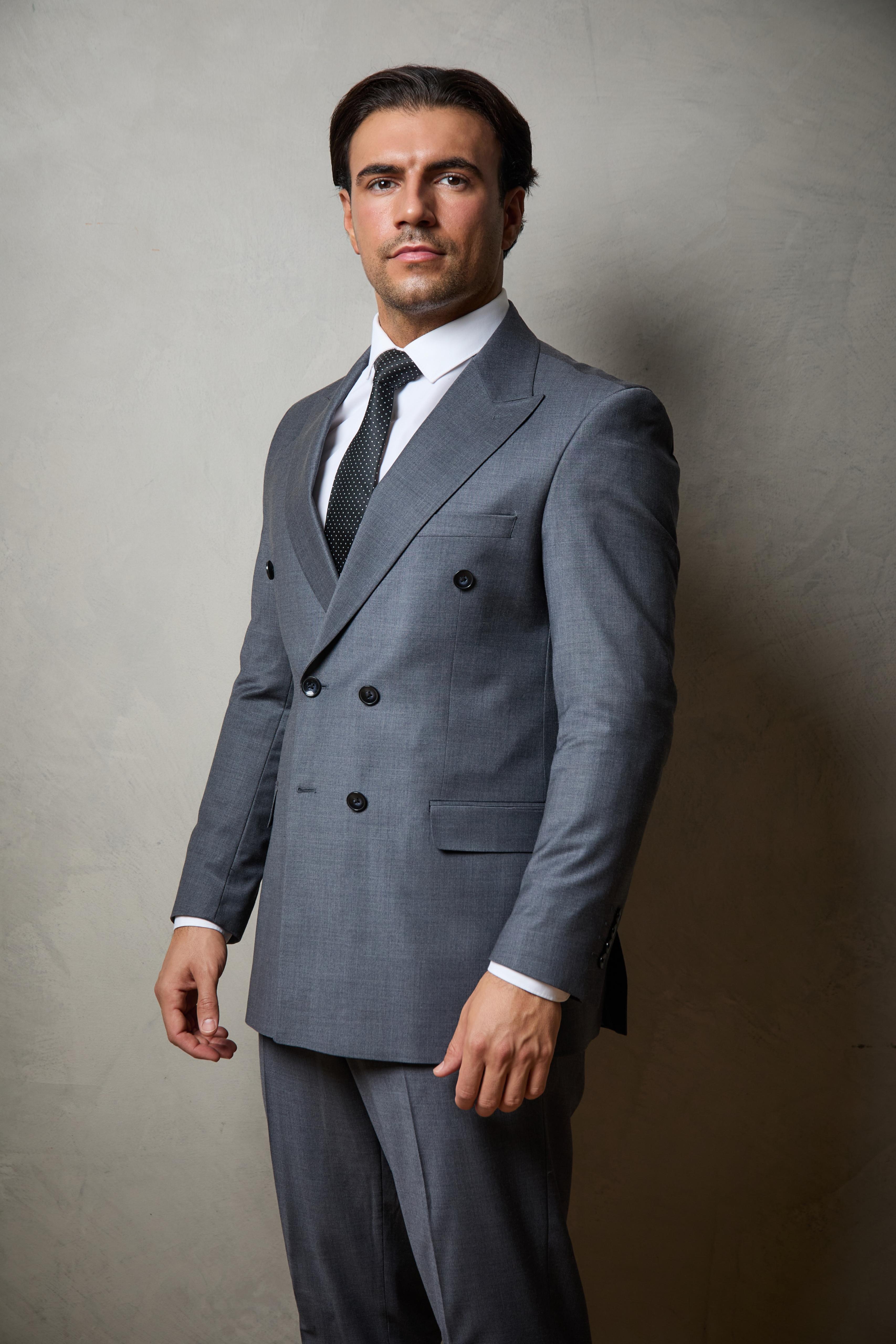 Steel Grey Tailored Double Breasted Wool Suit