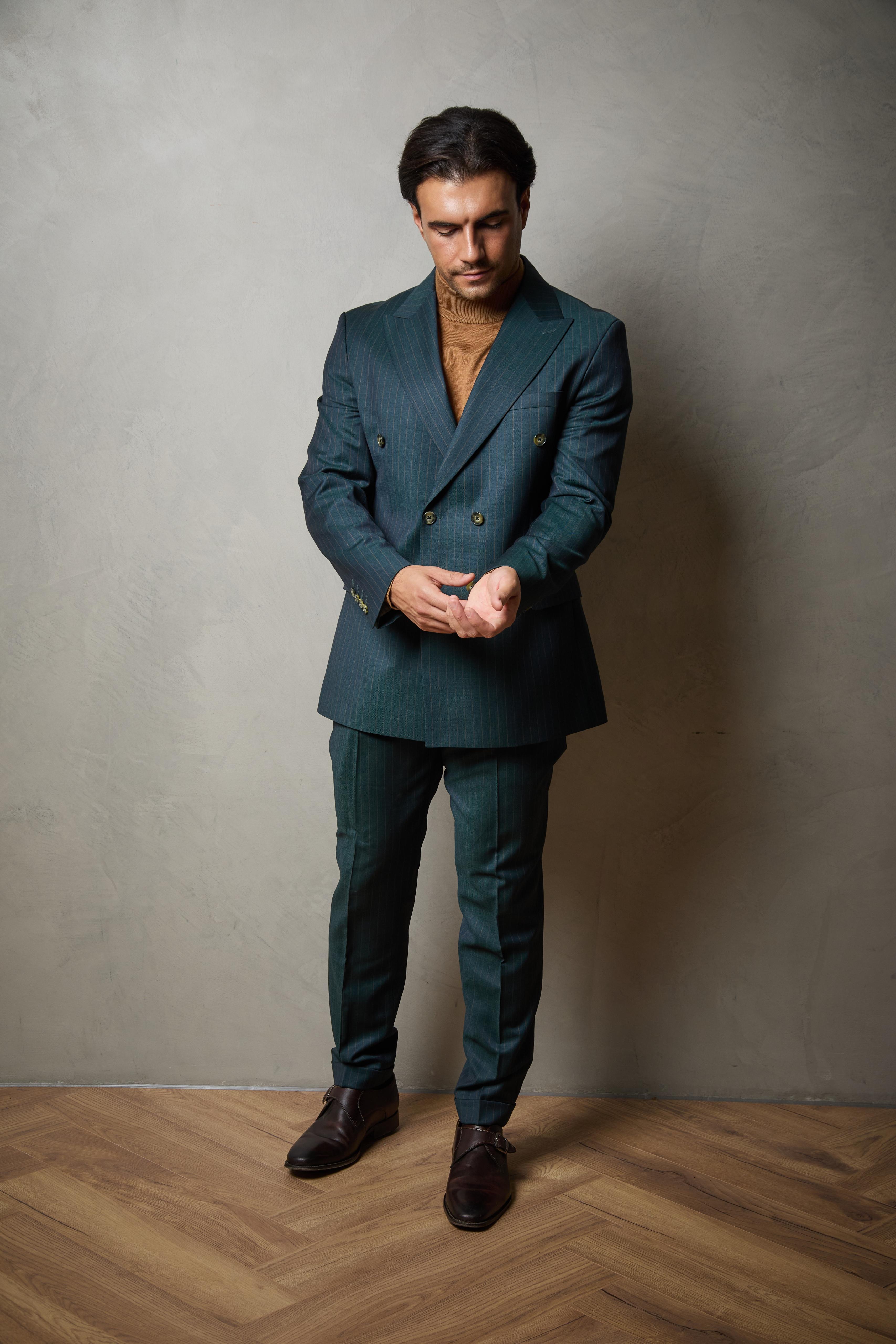 Dark Green Tailored Double Breasted Pinstripe Wool Suit