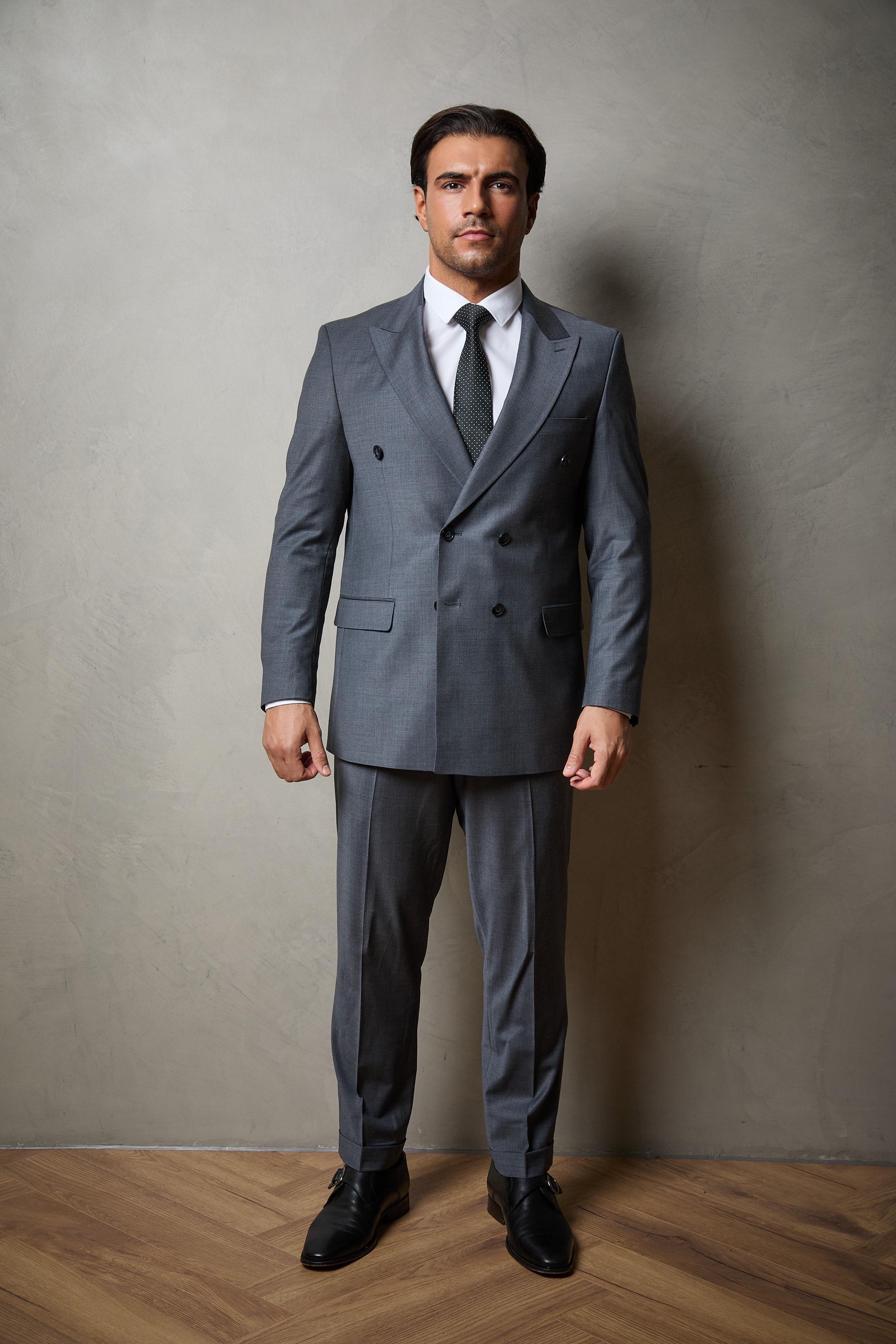 Steel Grey Tailored Double Breasted Wool Suit