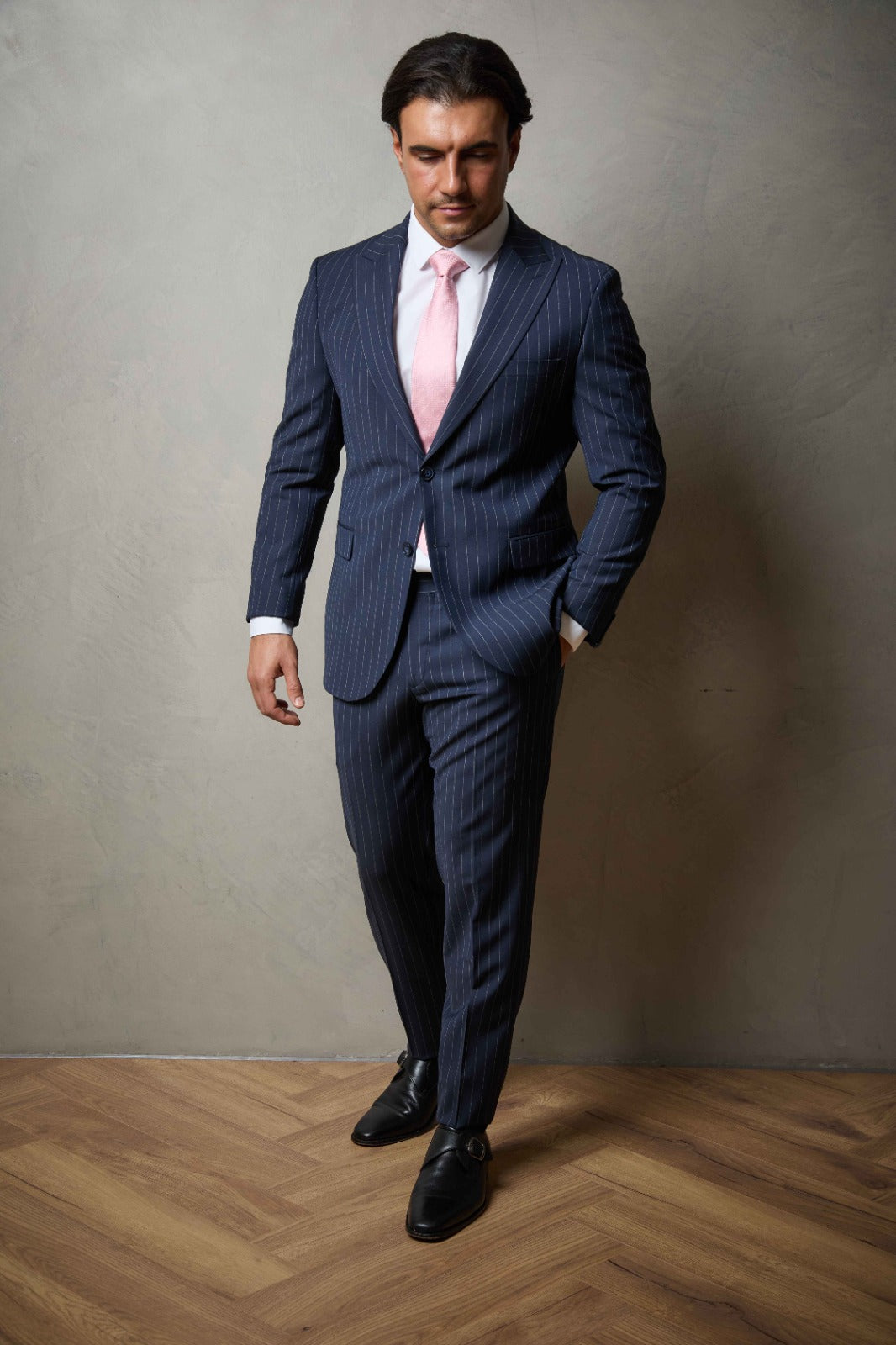 Navy Striped Tailored Two Piece Wool Suit