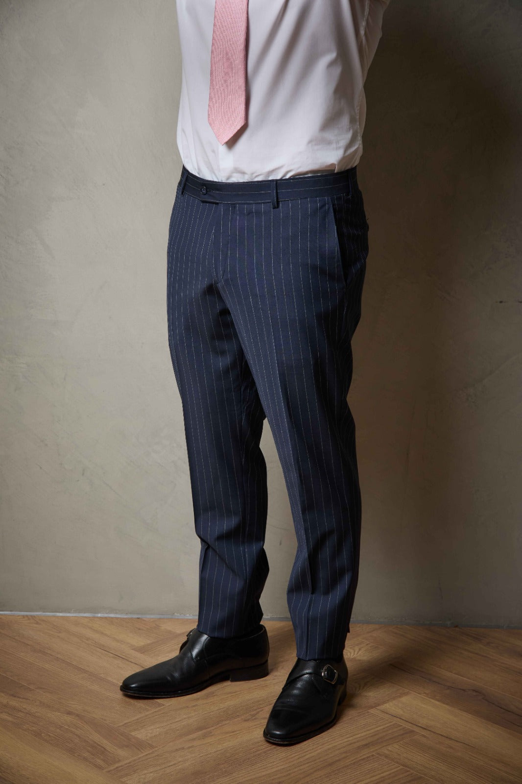 Navy Striped Tailored Two Piece Wool Suit