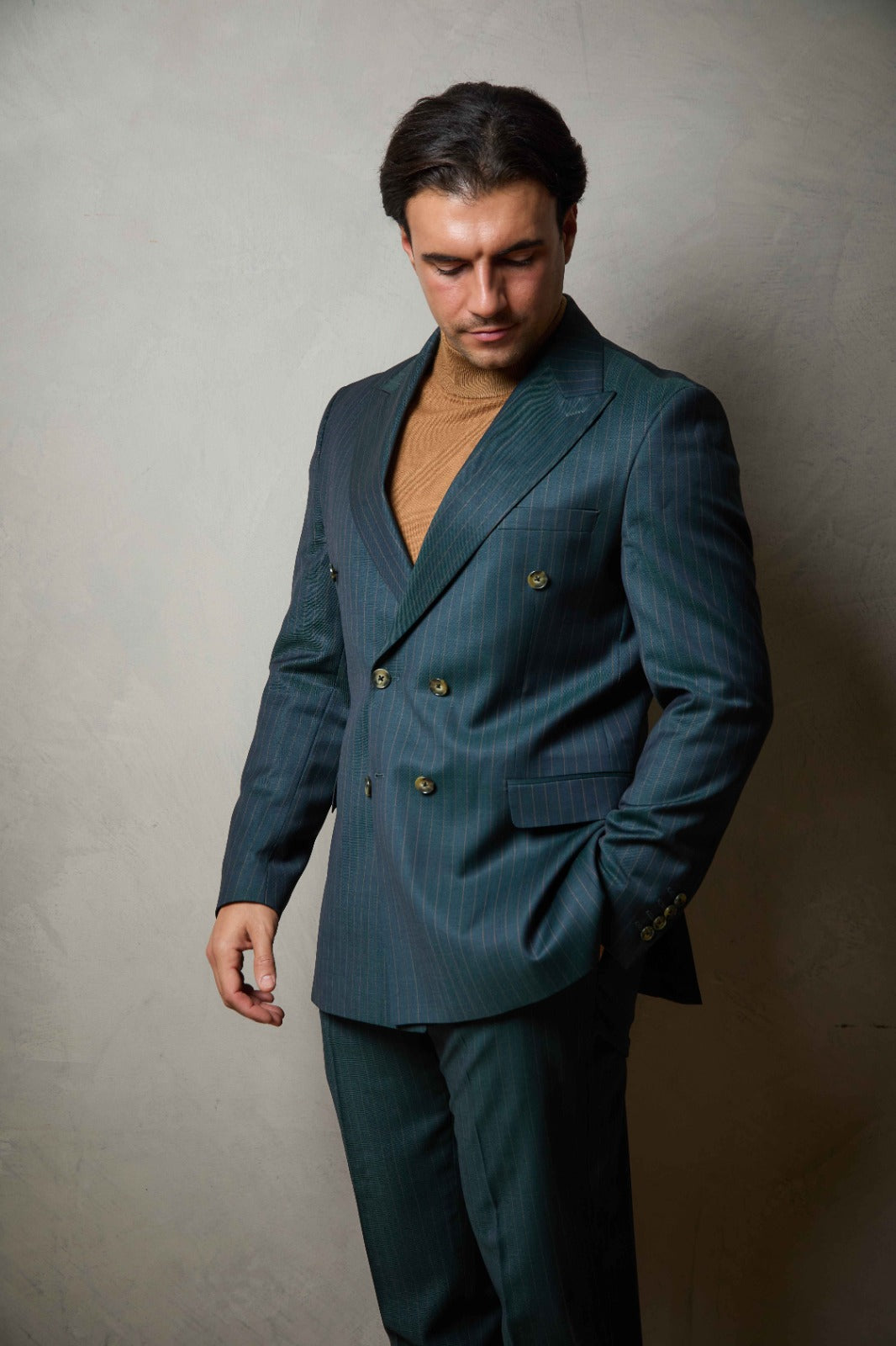 Dark Green Tailored Double Breasted Pinstripe Wool Suit