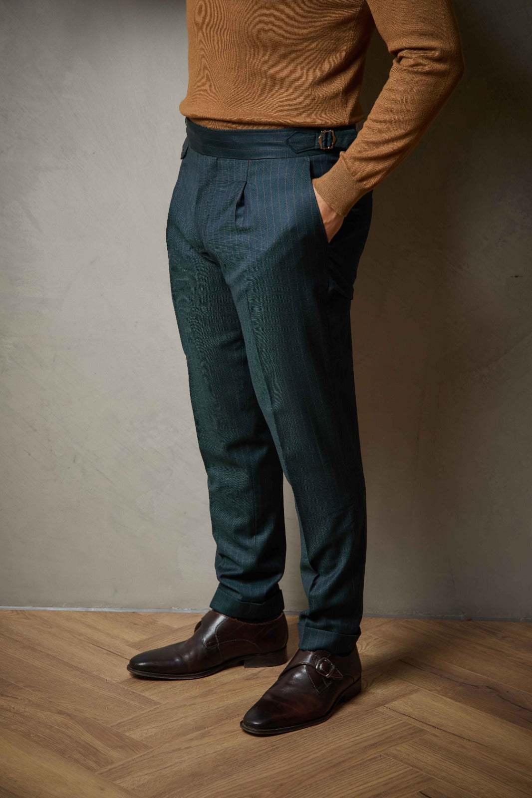 Dark Green Tailored Double Breasted Pinstripe Wool Suit