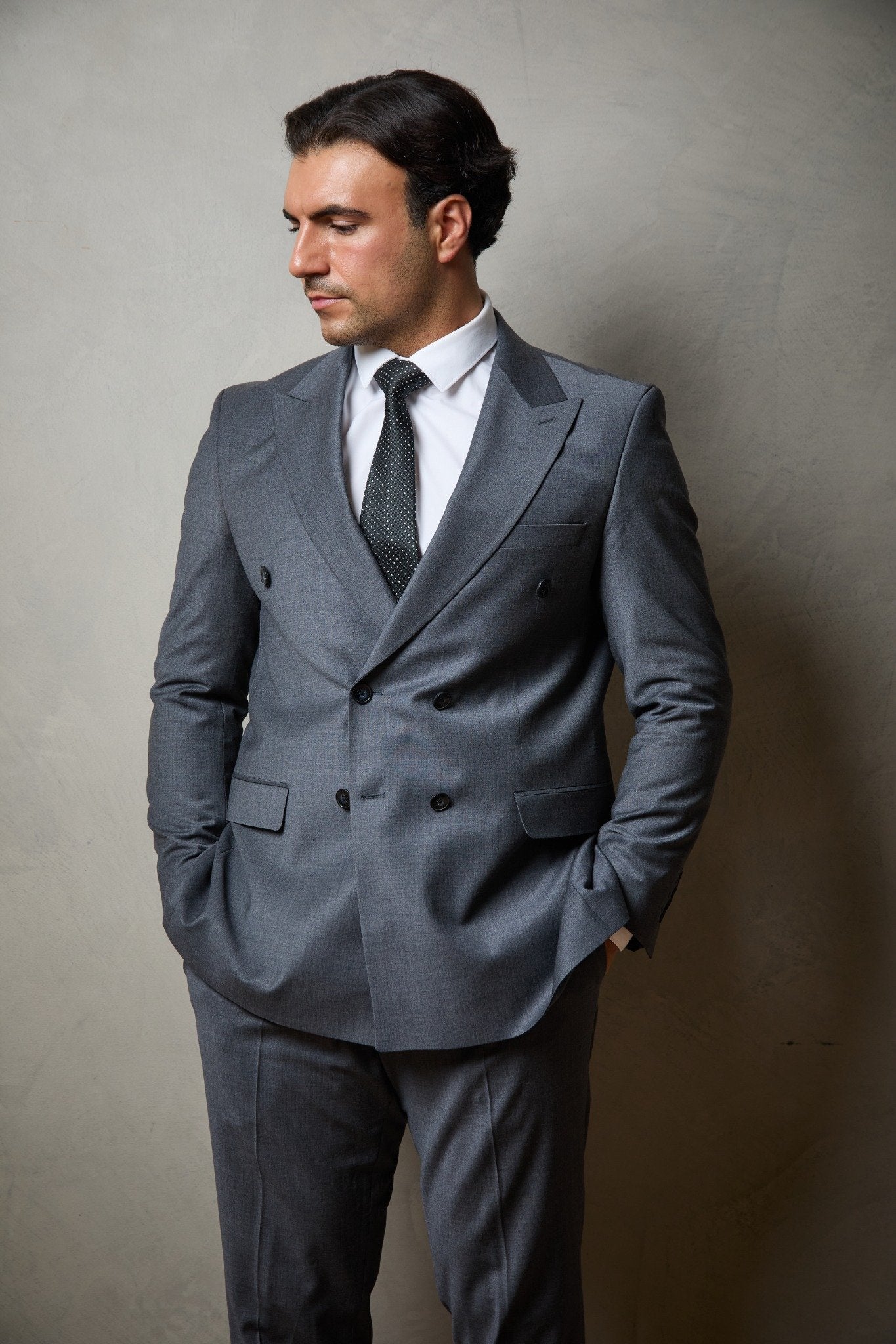 Steel Grey Tailored Double Breasted Wool Suit